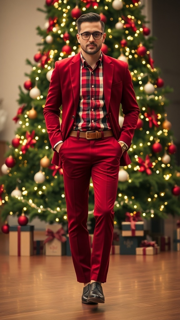 A fashionable Christmas dress pants outfit with red pants, plaid shirt, and blazer, set against a festive backdrop.